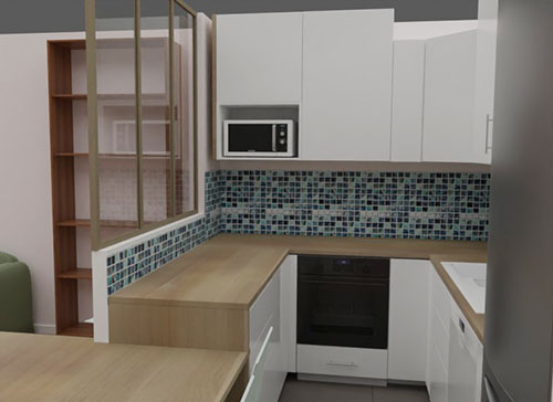Architecture d'intérieur: Etude 3d d'une cuisine avec verrière d'atelier